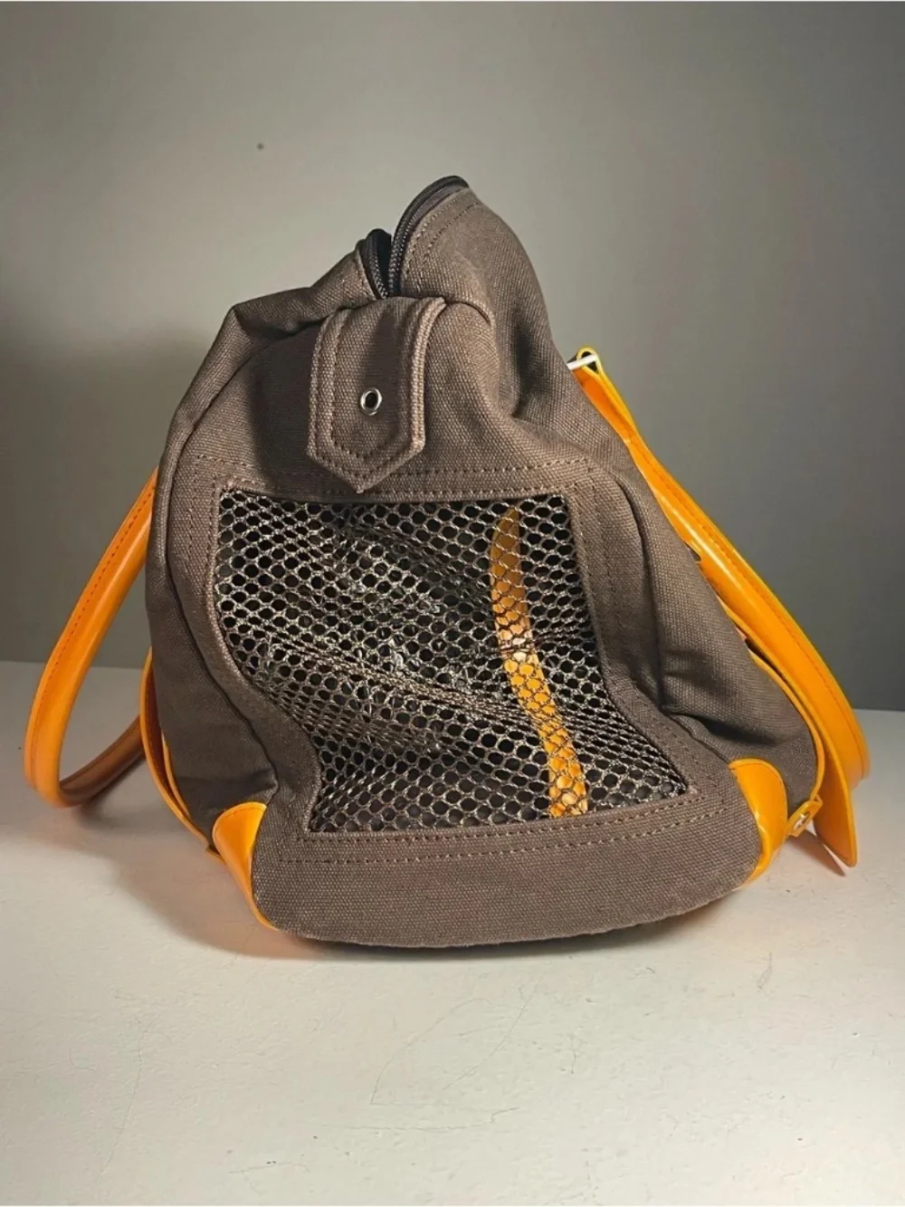 henri bendel Brown Canvas Pet Carrier with Bright Orange Patent Trim